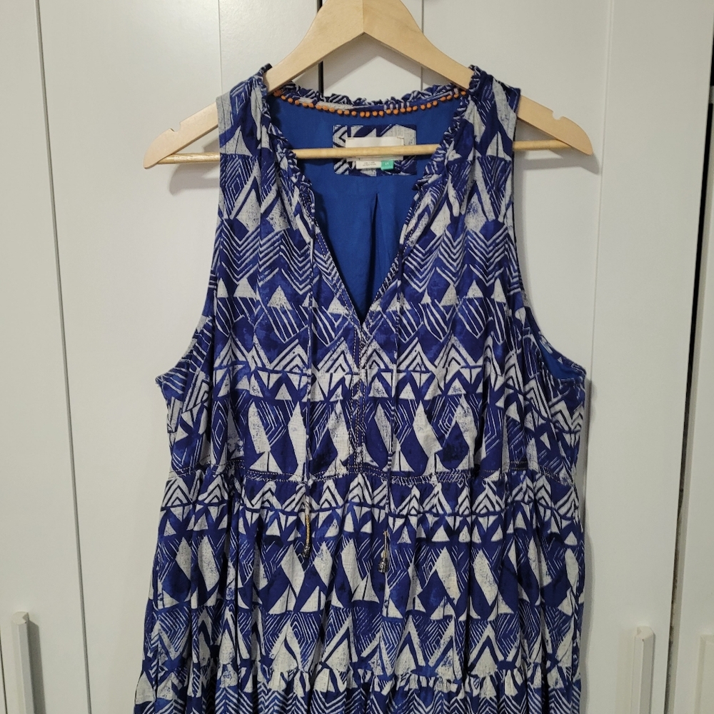 Anthropologie Tiered Abstract Maxi Blue Geometric Cotton Dress - Picture 8 of 12